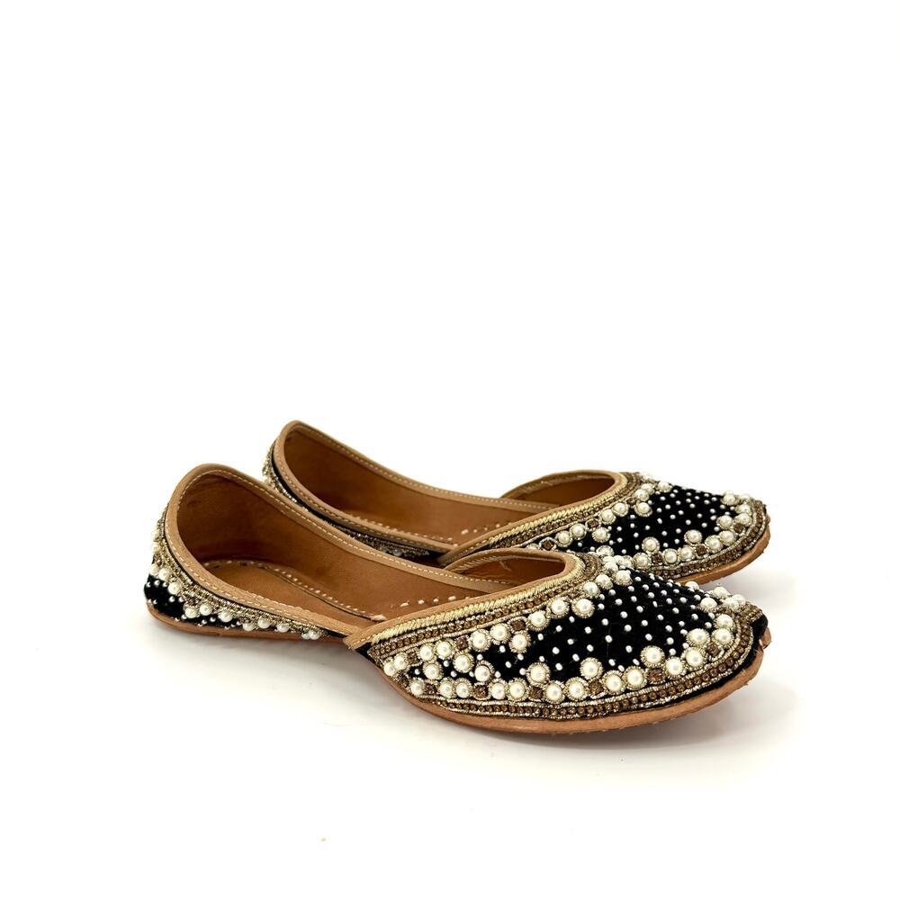 Black Velvet Genuine Leather Embellished Jutti Flats